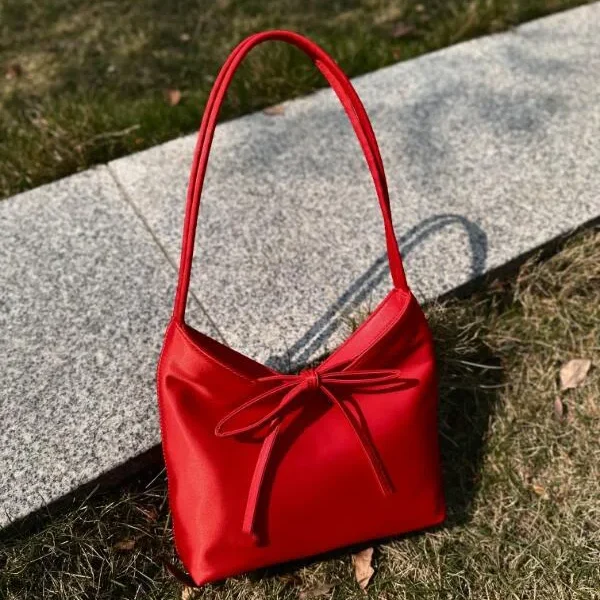 Silk Satin Handbag with Butterfly Bow Korean Style